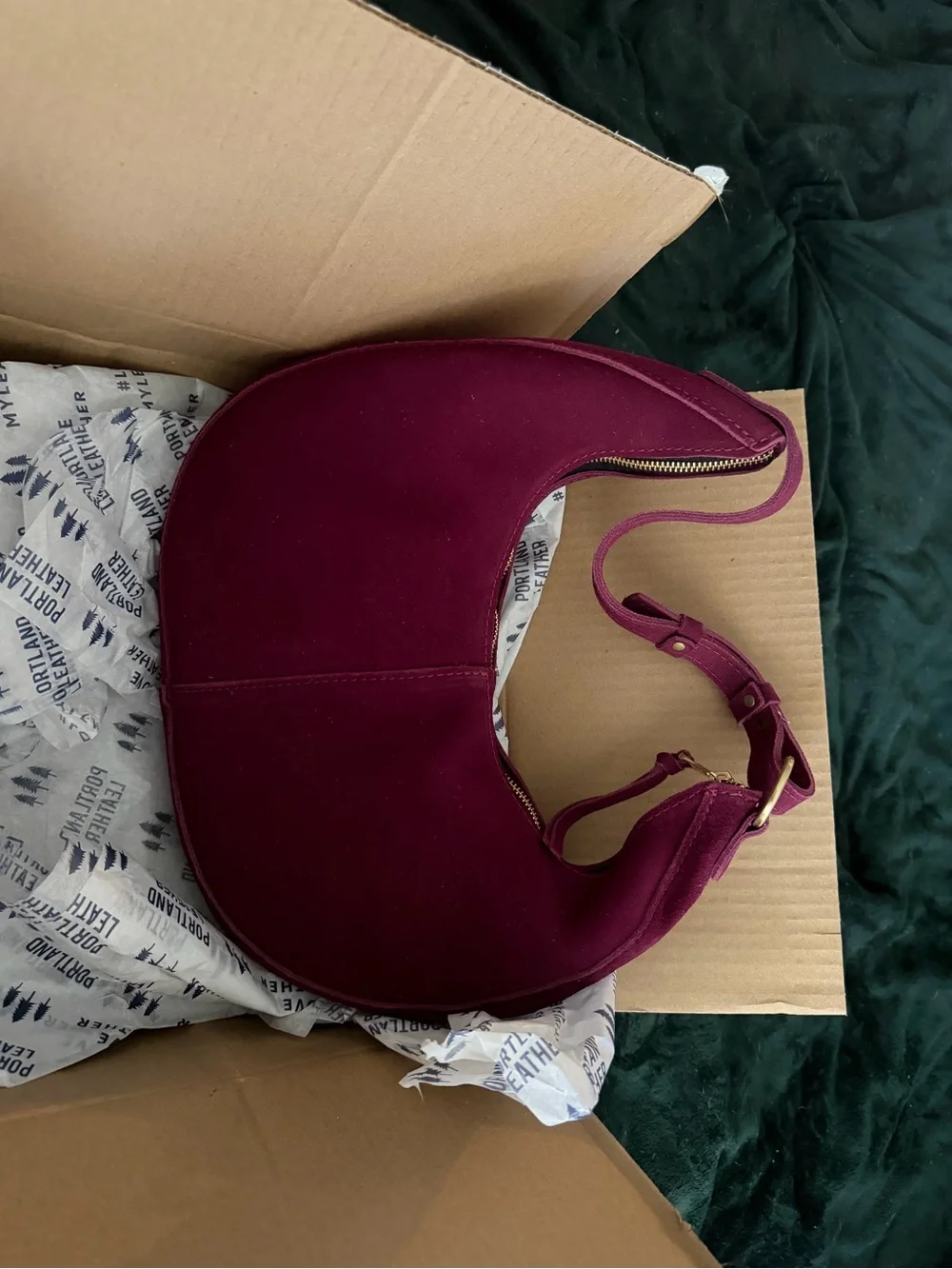 Portland Leather Superbloom Magenta/Plum Suede Crescent Large Nora Shoulder Bag